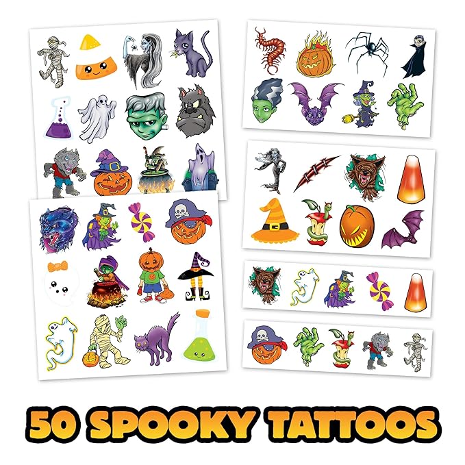 Assorted Halloween Temporary Tattoos – Spooky Designs for Kids & Adults, Includes Ghosts, Pumpkins, Bats, Skulls & More, Non-Toxic Party Favors & Trick-or-Treat Handouts