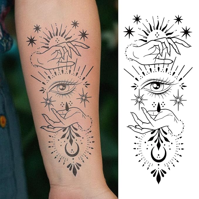 Witch Hand Eye Temporary Tattoo – Mystical Moon & Stars Fake Tattoo, Spiritual Occult Tattoo Sticker for Arm, Forearm, Hand, Halloween & Festival Body Art