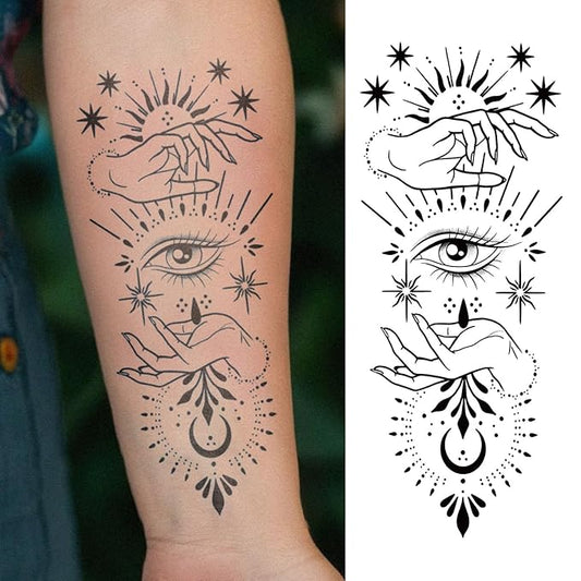 Witch Hand Eye Temporary Tattoo – Mystical Moon & Stars Fake Tattoo, Spiritual Occult Tattoo Sticker for Arm, Forearm, Hand, Halloween & Festival Body Art