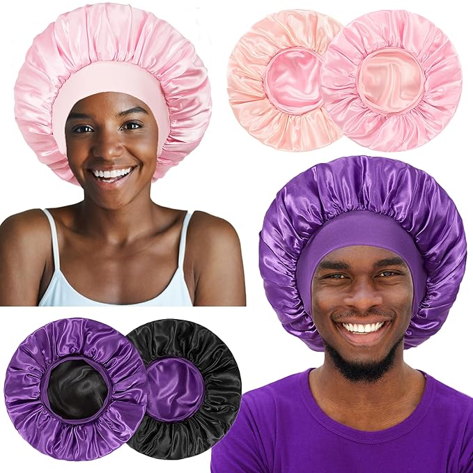 2pcs Bonnet for Men, Bonnets for Women, Satin Silk Hair Bonnet for Sleeping, Reversible Double Layer Wide Band Sleep Cap for Curly Hair Braids
