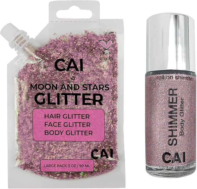 Face, Body & Hair Glitter Gel – Halloween Glitter for Kids and Women – 3 Oz Cosmetic-Grade Gel w/Moon & Stars for Festivals & Halloween Party, Easy Apply & Wash Off - Rose/Stardust Pink 2Pack