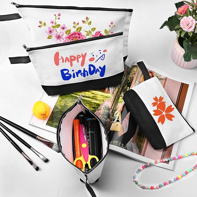 10 Pieces Cotton Canvas Makeup Bag with Bottom and Strap, Multi-Purpose Cosmetic Bag with Zipper Travel Toiletry Pouch, Blank DIY Craft Bag (White&Black, S)