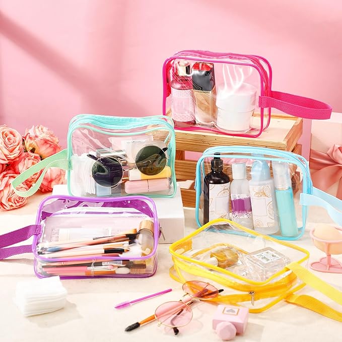Silkfly Clear Toiletry Bag PVC Travel Cosmetic Bag with Handle Strap Makeup Pouch with Zipper Summer Vacation Salon Graduation Gift End of the Year Gifts(Bright Color,50 Pack)