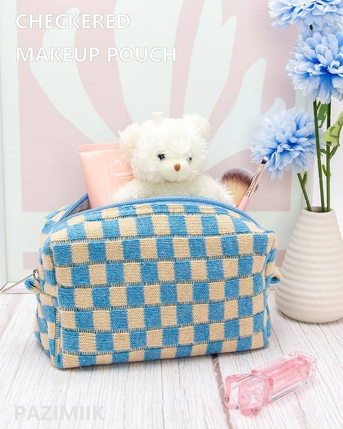 PAZIMIIK Checkered Makeup Bag for Purse Portable Zipper Make Up Pouch Small Cosmetic Case for Travel Accessories Blue Beige