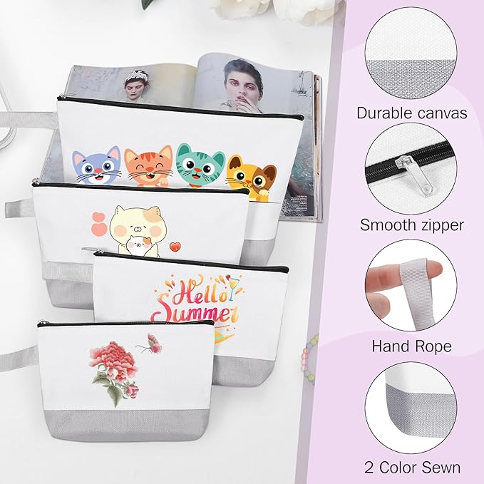 10 Pieces Cotton Canvas Makeup Bag with Bottom and Strap, Multi-Purpose Cosmetic Bag with Zipper Travel Toiletry Pouch, Blank DIY Craft Bag (White&Grey, M)