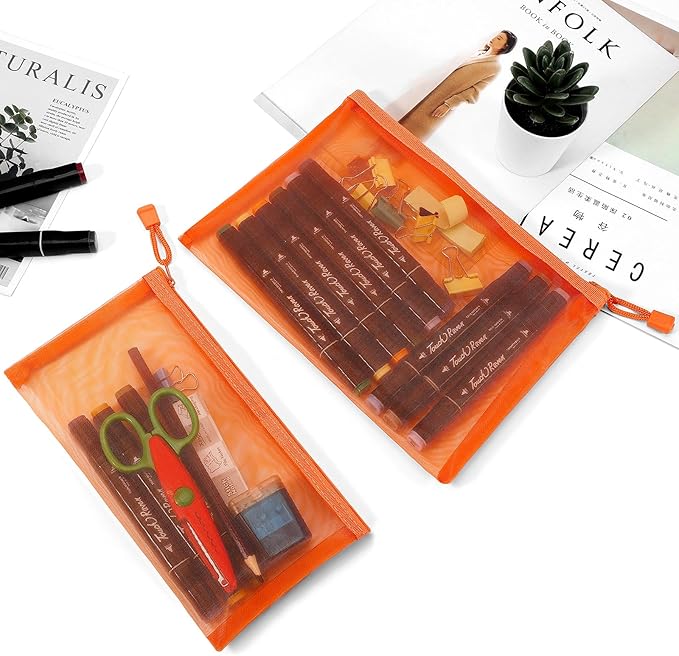 12 Pieces Zipper Nylon Mesh Pouch, Mesh Cosmetic Bags Makeup Bags Pencil Case, Multipurpose Travel Bags for Cosmetic School Office Supplies and Travel Accessories (Orange, A5)