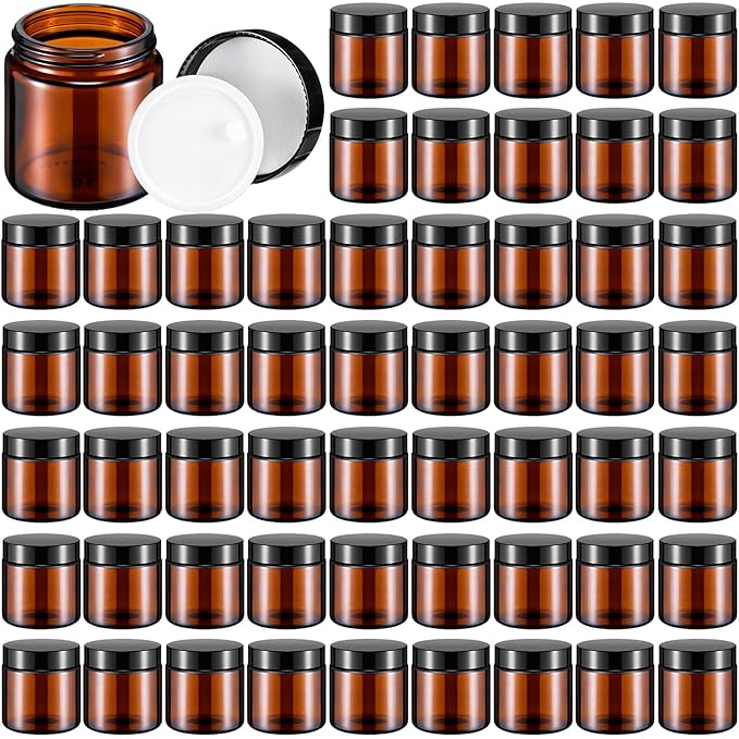 Norme 64 Pcs 4 oz Glass Jars with Lids Leakproof Round Airtight Empty Cosmetic Jars with Inner Liners Lid for Storing Lotions Powder Ointments Candle Making Tins (Black,Amber)