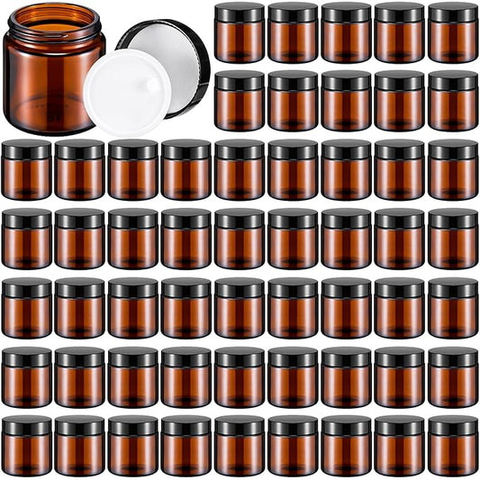 Norme 64 Pcs 4 oz Glass Jars with Lids Leakproof Round Airtight Empty Cosmetic Jars with Inner Liners Lid for Storing Lotions Powder Ointments Candle Making Tins (Black,Amber)