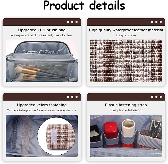 Travel Makeup Bag for Women: Large Capacity Open Flat Make up Bag Set of 3 - Vegan Leather Cosmetic Bag with Compartments - Waterproof Toiletry Bag with Handle & Divider(Brown)