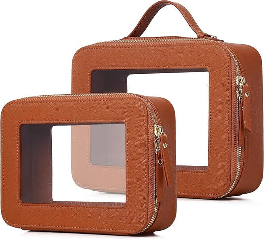 Pinkmik Clear Makeup Bag for Women Waterproof Travel Cosmetics and Toiletries Case Portable Makeup Oaganizer Bag Clear Car Bag with Zipper (X/Brown, M+L)