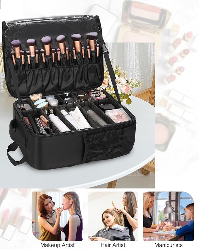 Relavel Makeup Backpack, Professional Travel Train Case Makeup Artist Kit Set Bag for Women Extra Large Cosmetic Organizer, Brush Storage Holder, with Adjustable High Dividers, Black