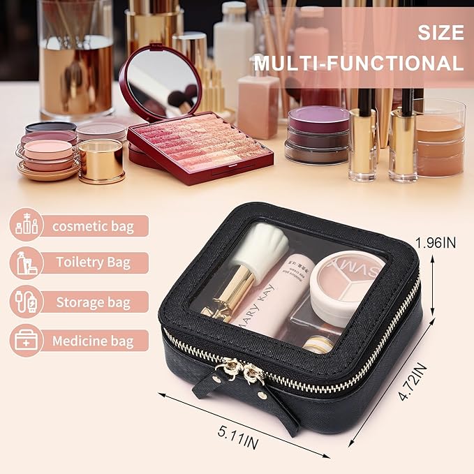 Pinkmik Small Makeup Bag Mini Clear Cosmetic Makeup Case & Toiletry Bag with Zipper Women's Purse Organizer & Car Essentials (Black, MINI)