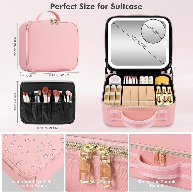Travel Makeup Bag with Removable Mirror, Cosmetic Organizer Bag with Mirror, 360° Angle Stand, 3 Colors Dimmable Lighted Makeup Case, PU Leather Makeup Train Case with Adjustable Dividers/Brush Holder