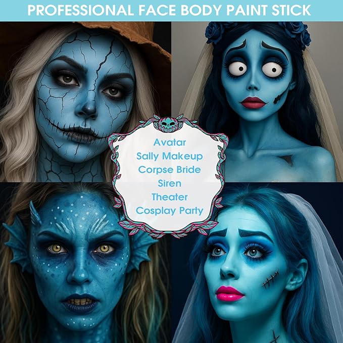BAD COLOR Light Blue Face Body Paint, Pale Blue Eye Black Stick for Football/Baseball/Softball, Hypoallergenic Grease Sticks for Corpse Bride Halloween SFX Avatar Sally Makeup