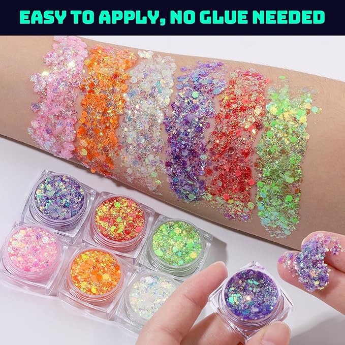 Teenitor 6 Colors Body Glitter Face Glitter, Glow in The Dark Glitter Gel, Glow in The Dark Face Paint for UV Black Light Concerts Party Rave Accessories