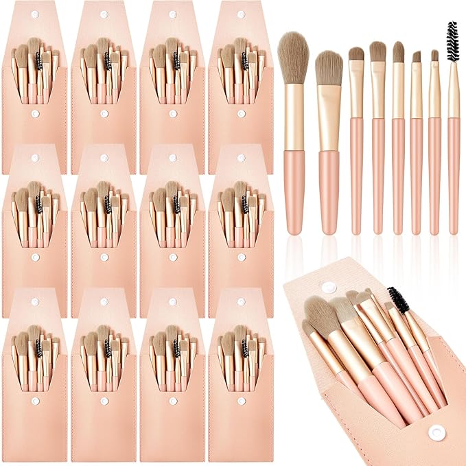 Tioncy 12 Sets Travel Makeup Brush Set Bulk Brushes Bag Bridesmaid Gift Synthetic Fibre Face Make up Brushes Angled Blush Brush for Wedding Bridal Shower Favors Bachelorette Party Gift(Brown)