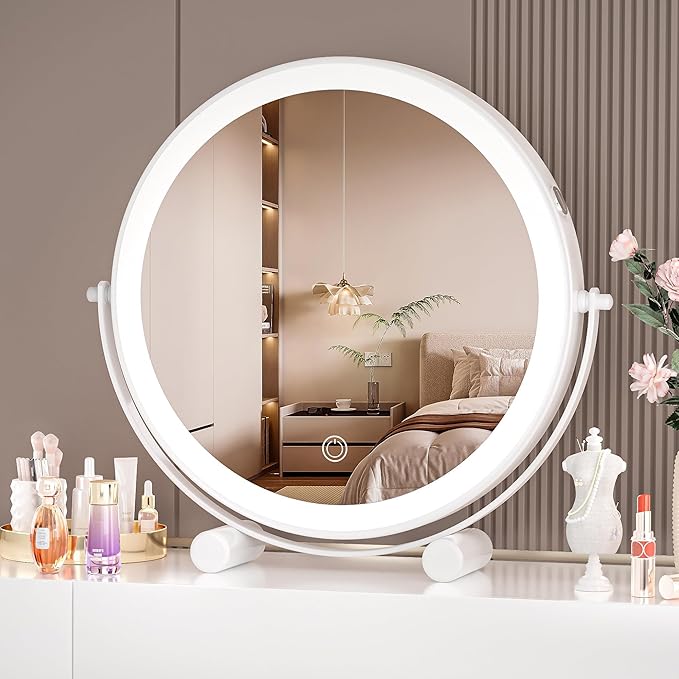 Hasipu 10-inch Lighted Makeup Mirror with 7X Magnification, White Frame Rechargeable 3000 mAh Vanity Mirror with Lights, Desk Mirror with Dimmable Brightness, 3 Lighting Modes