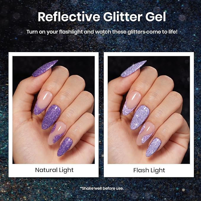 Beetles Reflective Glitter Halloween Gel Nail Polish Kit 6 Colors Holographic Gel Polish Sparkle Flash Dimond Sliver Gold Soak Off UV LED Manicure Gift for Women Girls Midnight Sparkling