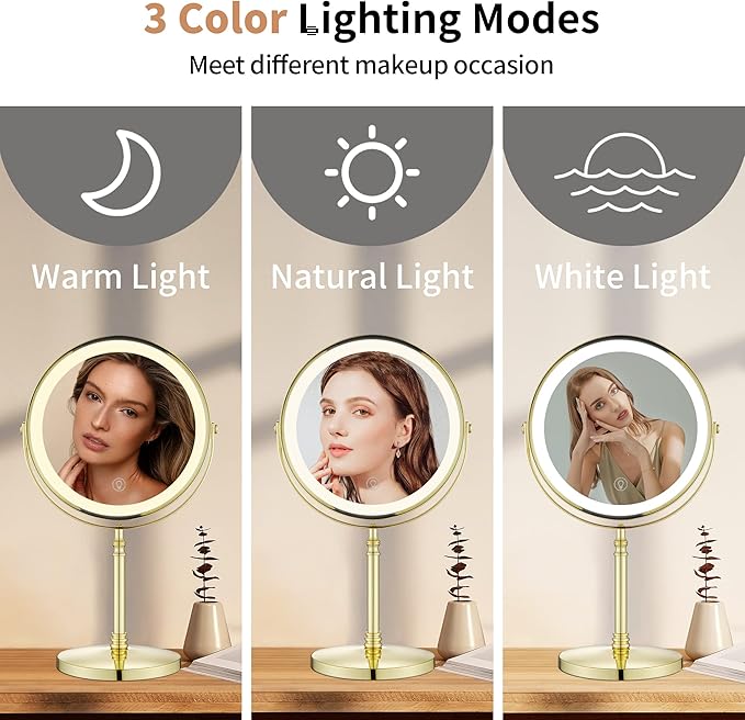 Gold Makeup Mirror with Light 1X/10X Free Standing 8 Inches 360 Swivel Dual-Sided Tabletop Makeup Mirror, Metal