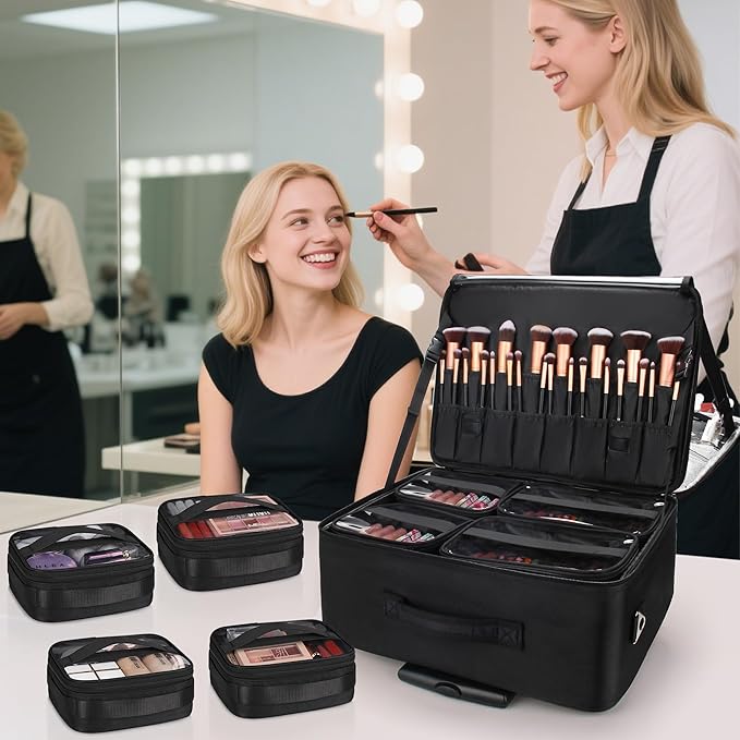 MONSTINA Rolling Makeup Train Case with Eight Small Makeup Bag, Makeup Case for Hairstylist,Makeup Artist Trolley Travel Makeup Case with Adjustable Divider (Black)