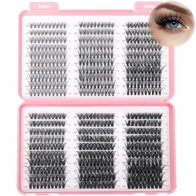 Manga Lash Clusters, 600 Pcs Eyelashes Clusters Extensions 9-16mm Individual Lashes D Curl Fluffy Wispy False Eyelashes Thin Band (20D&30D&40D&50D&60D&80D)