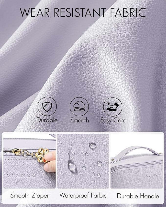 Vlando Makeup Bag,Large Capacity Toiletry Bag for Women Waterproof Portable Make up Pouch PU Leather Open Flat Cosmetic Bag(Purple)