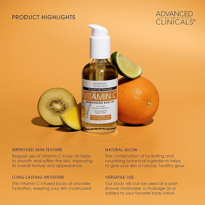 Advanced Clinicals Collagen Body Oil + Vitamin C Brightening Body Oil Moisturizer 2pc Skincare Set - Nourishing, Brightening, & Firming Massage Oil To Improve Look Of Crepe Skin + Dark Spots, 2PC Set