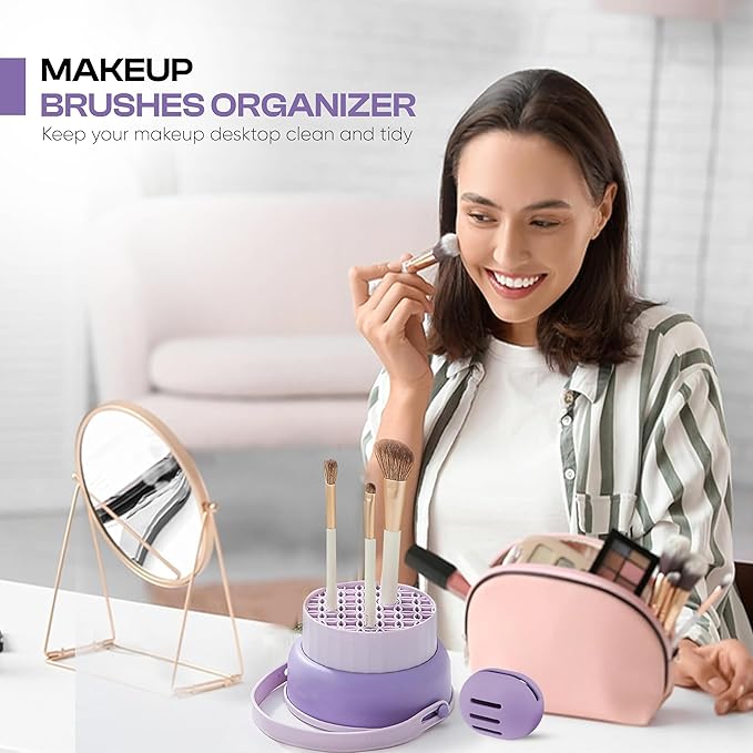 Makeup Brush Cleaner Mat 3 in 1 and Makeup Sponge Holder set - Make Up Brush Cleaner Cleanser and Make Up Sponge Holder - Limpiador de Brochas de Maquillaje (Purple)
