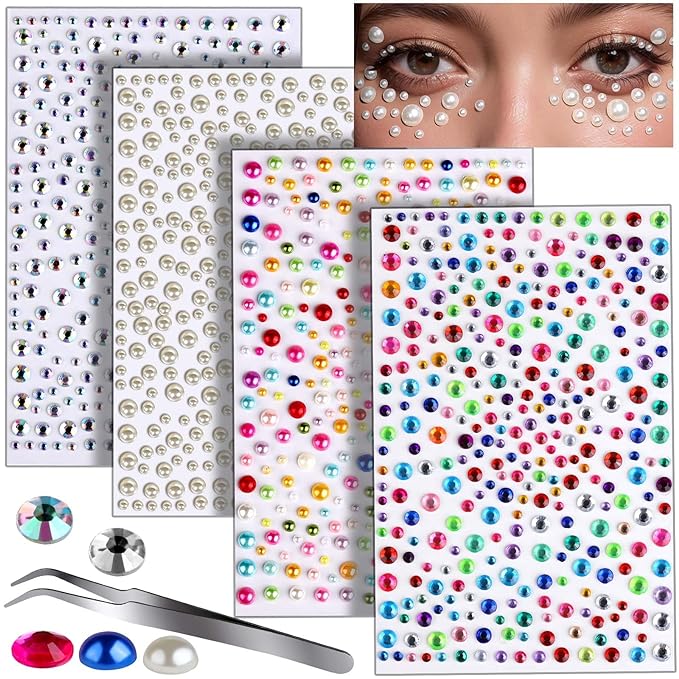 Teenitor Face Gems Hair Pearls Rhinestones for Makeup Festival Face Jewels Hair Jewels, 1300PCS Self-Adhesive Rhinestones and Gems for Face, Hair, Body, Eye