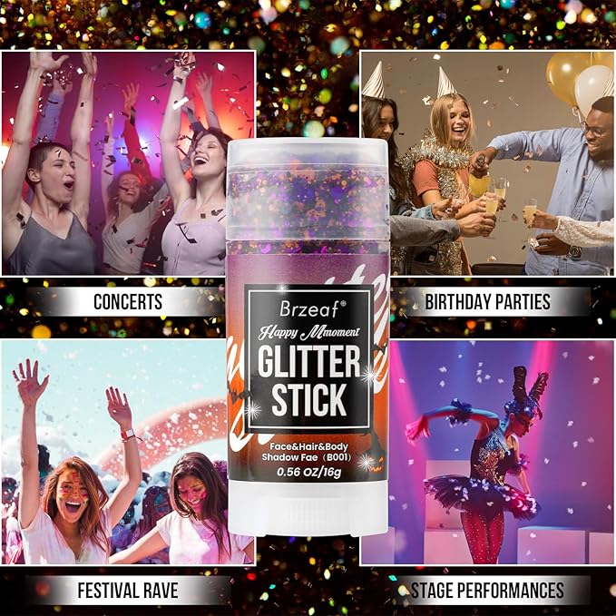 Brzeaf Orange Purple and Black Body Glitter Stick, Shimmery& Long Lasting, Halloween Hair Eyeshadow Face Body Glitter, Singer Concert Music Rave Festival, Glitter Stick Makeup & Face Glitter Gel