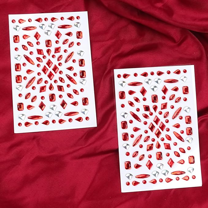 Face Jewels Stick on Face Costume Red Gems Self-Adhesive Makeup Halloween Dress Up Rhinestone Stickers for Festival Holiday Party Accessories (red_scar)