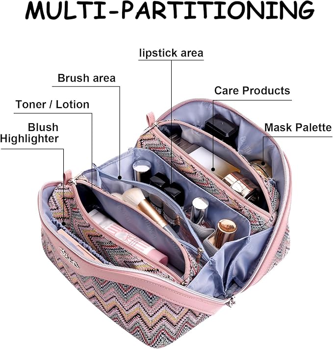 Travel Makeup Bag for Women: Western Boho Make up Bag Set of 3 - Large Capacity Vegan Leather Cosmetic Bag - Waterproof Toiletry Bag with Compartments & Handle & Divider(B-01Pink)