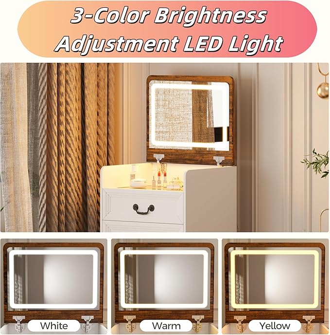 Makeup Vanity, 3-in-1 Vanity with Flip-Top Mirror, Visible Glass Desktop & 3-Color Lighting, 20'' Intelligent Makeup Desk with USB Charging Station & Hidden Storage Stool for Bedroom, White