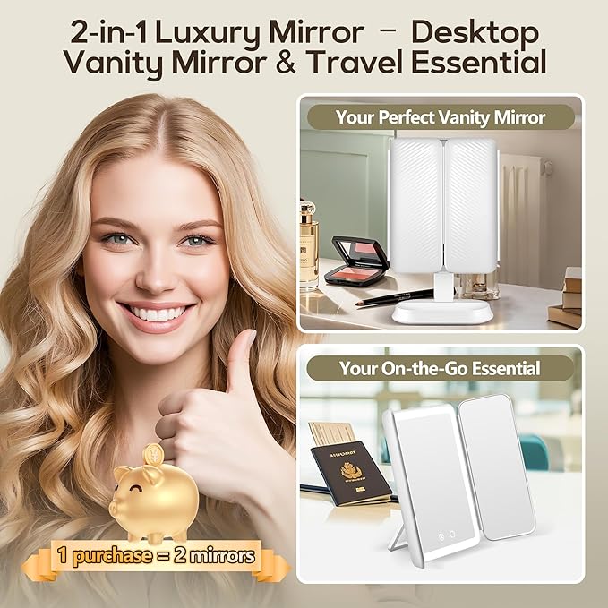 Lighted Makeup Mirror with 30X/10X/5X Magnification, Detachable Design for Travel, Rechargeable Trifold Mirror with 3 Color& Adjustable Brightness, Portable Makeup Mirror with Lights for Desk