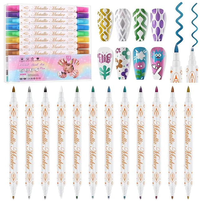 Kalolary 12 Colors Nail Art Pens Set, Nail Polish Pens Double-Ended Acrylic Paint Pen Nail Art Markers Quick-Dry Nail Art Tools for Dotting Drawing Painting DIY Nail Art Beauty Manicure（J）