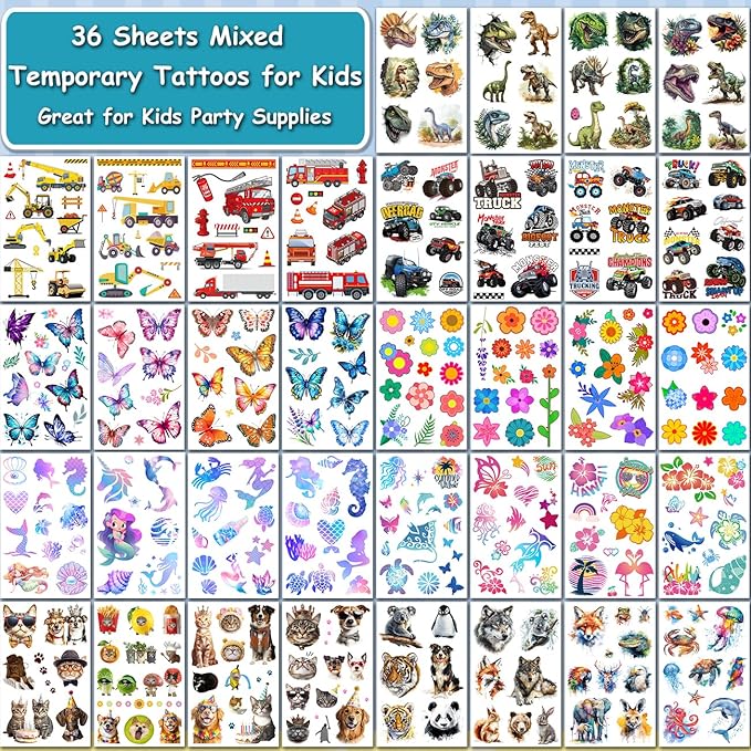 Temporary Tattoos for Kids - 320 Mixed Styles (36 Sheets) Tattoo Stickers Set for Boys and Girls, Car Dinosaur Hawaii Mermaid Watercolor Animals Tattoos for Kids Birthday Party Supplies