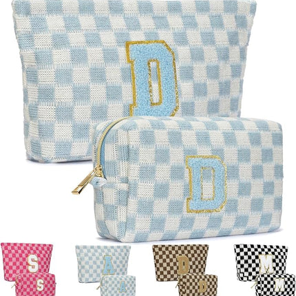 2PCS Checkered Makeup Bag for Women Personalized Initial Letter Makeup Bag Travel Toiletry Bag Organizer Cute Makeup Brushes Storage Bag Mother's Day Birthday Gift for Women (Blue D)