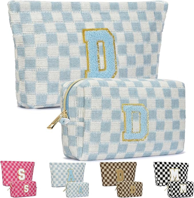 2PCS Checkered Makeup Bag for Women Personalized Initial Letter Makeup Bag Travel Toiletry Bag Organizer Cute Makeup Brushes Storage Bag Mother's Day Birthday Gift for Women (Blue D)