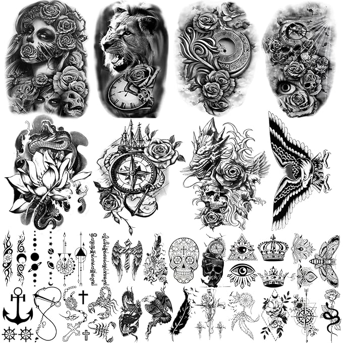 Yazhiji 32 Sheets Temporary Tattoos Stickers, 8 Sheets Fake Body Arm Chest Shoulder Tattoos for Men Women with 24 Sheets Tiny Black Temporary Tattoos