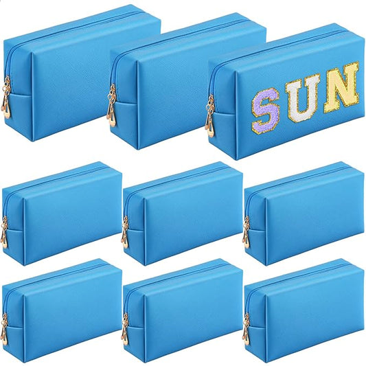 Sanwuta 9 Pcs Makeup Bags Bulk PU Double Zippers Cosmetic Bag Makeup Toiletry Pouch Portable Travel Organizers Case for Women Bachelorette Party End of The Year Bridesmaid Gift(Blue)