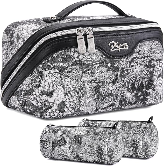 BOYATU Travel Makeup Bag for Women: Large Capacity Make up Bag with Compartments - Vegan Leather Cosmetic Bag set of 3 - Waterproof Toiletry Bag with Handle & Divider(D-02Black)