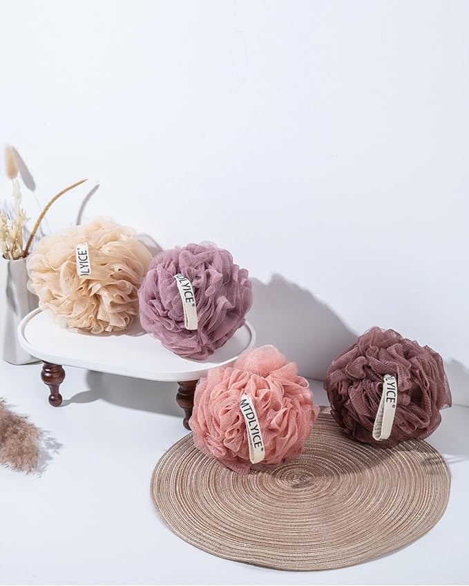 Loofah Sponge, XXL Large Loofah 100g 4 Pack, Bath Sponge Soft Mesh Shower for Men, Body Scrub, Shower Pouf Bath Accessories, for Body Wash, Soap (Red Soil)