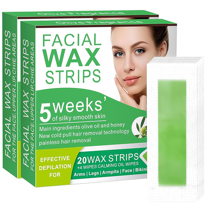 Wax Strips for Hair Removal - 98% Natural Formula for Sensitive Skin, Facial Hair Removal for Women - Gently and Quickly Removes Hair from Eyebrows, Body, Legs, and Bikini Line- Hypoallergenic 2Pcs