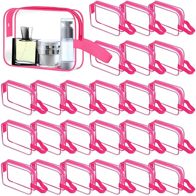 Silkfly Clear Toiletry Bag PVC Travel Cosmetic Bag with Handle Strap Makeup Pouch with Zipper Summer Vacation Salon Graduation Gift End of the Year Gifts(Rose Pink,24 Pack)
