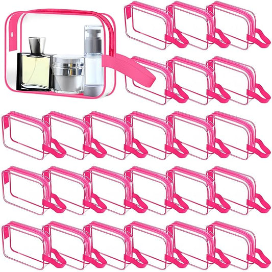 Silkfly Clear Toiletry Bag PVC Travel Cosmetic Bag with Handle Strap Makeup Pouch with Zipper Summer Vacation Salon Graduation Gift End of the Year Gifts(Rose Pink,24 Pack)