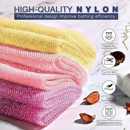 3 Piece Bright Style African exfoliating net Exfoliating Shower Set Long Bath Sponges for Smooth, Refreshed Skin, The Exterior Gleams - Ideal for Daily Use (Bright Yellow, Pink, Purple)