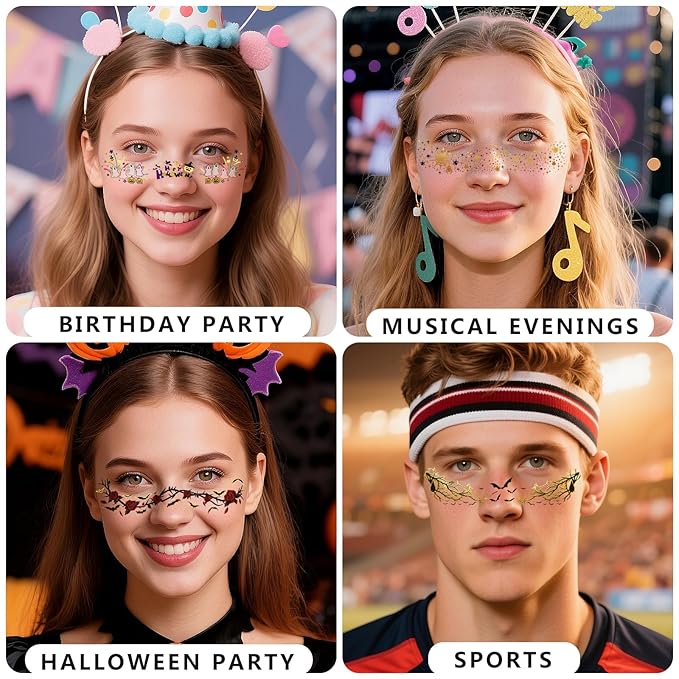 Glitters Halloween Freckle Temporary Tattoos, Metallic Face Makeup Patches Gothic Punk Sparkle Patches, Spider Web Bat Stickers Tattoo for Adult Kids Tattoo Masquerade Party Supplies, 12 Sheets