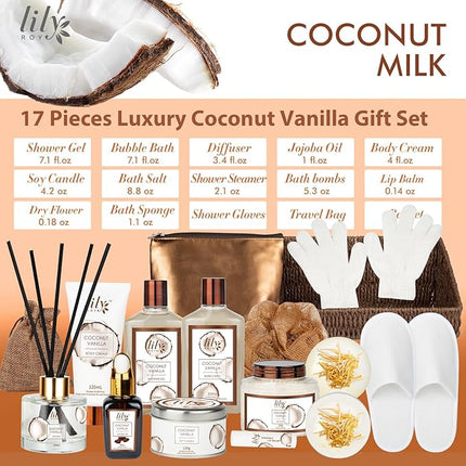 Valentines Day Gifts Bath and Body Gift Basket Set for Women - Coconut Vanilla Gift, Spa Gift Basket 17-Piece Bath Gift Set Self Care Gift for Mothers Day, Fathers Day, Birthday, Christmas Gifts