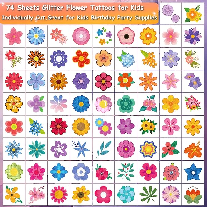 Glitter Flower Temporary Tattoos for Girls - 74 Individually Sheets | Waterproof & Easy Peel | Kids Birthday Party Favors, Flower Theme Decorations