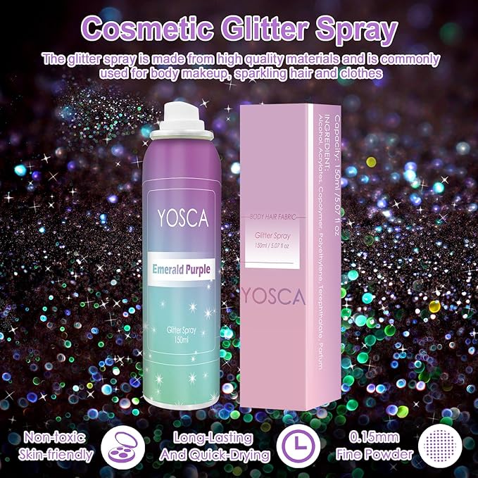 YOSCA Body Glitter Spray, 150ML Shimmer Glitter Hairspray, Glitter Spray for Hair Body Clothes, Quick-Drying and Long-Lasting Shiny Glitter Spray for Festival Music Concert Party Rave Accessories